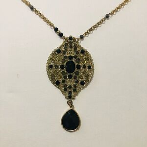 Gold Tone Pendant Necklace With Black & Gray Stones & Beads